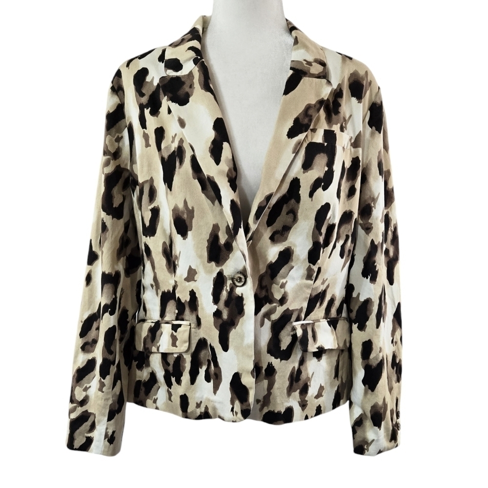 Chico's Tan Abstract Animal Print One Button Lightweight Blazer Flap Pockets